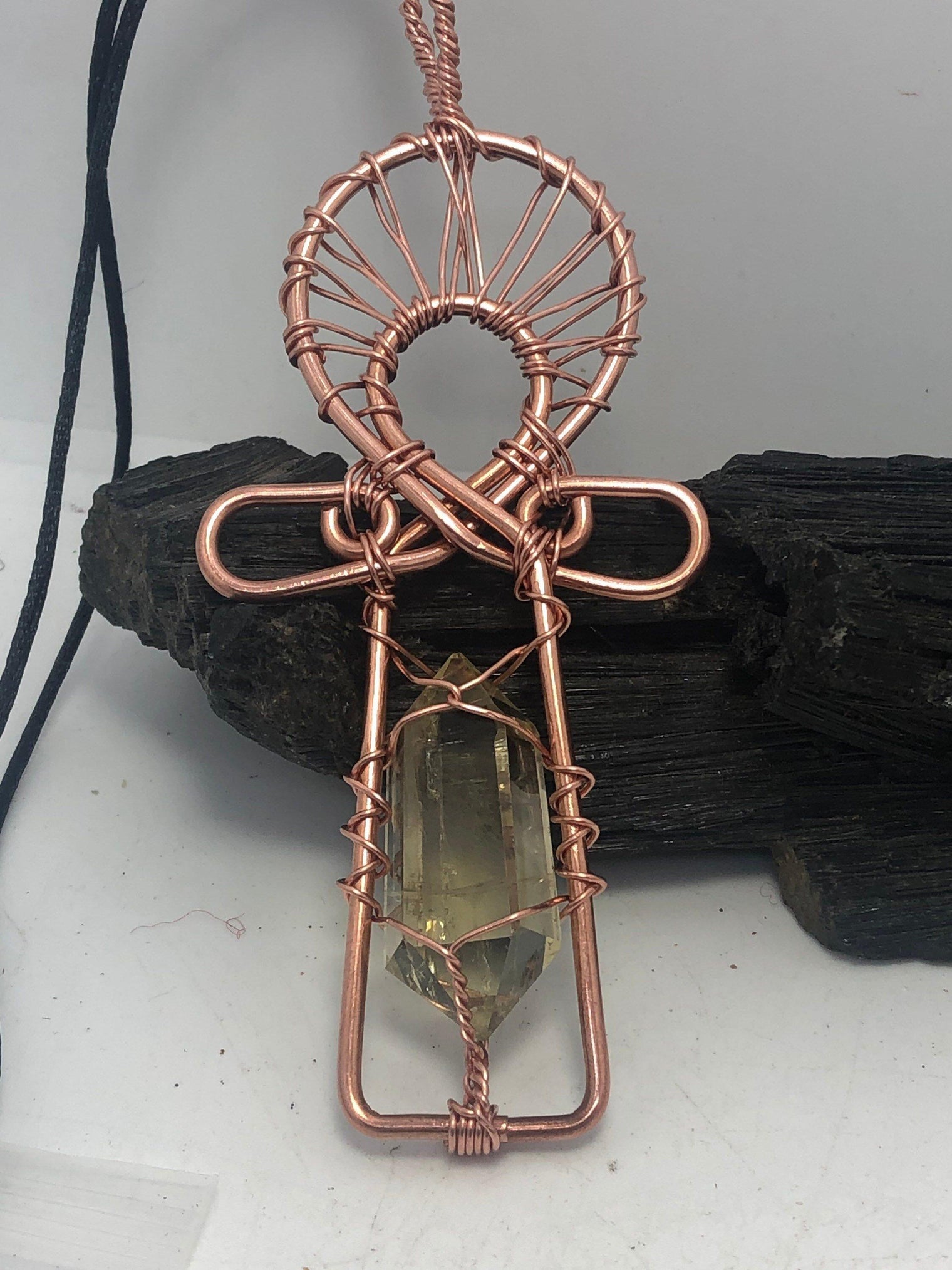 Citrine Kemetic Coptic Cross Copper Ankh Wirewrapped Pendant Necklace - Infinite Treasures, LLC