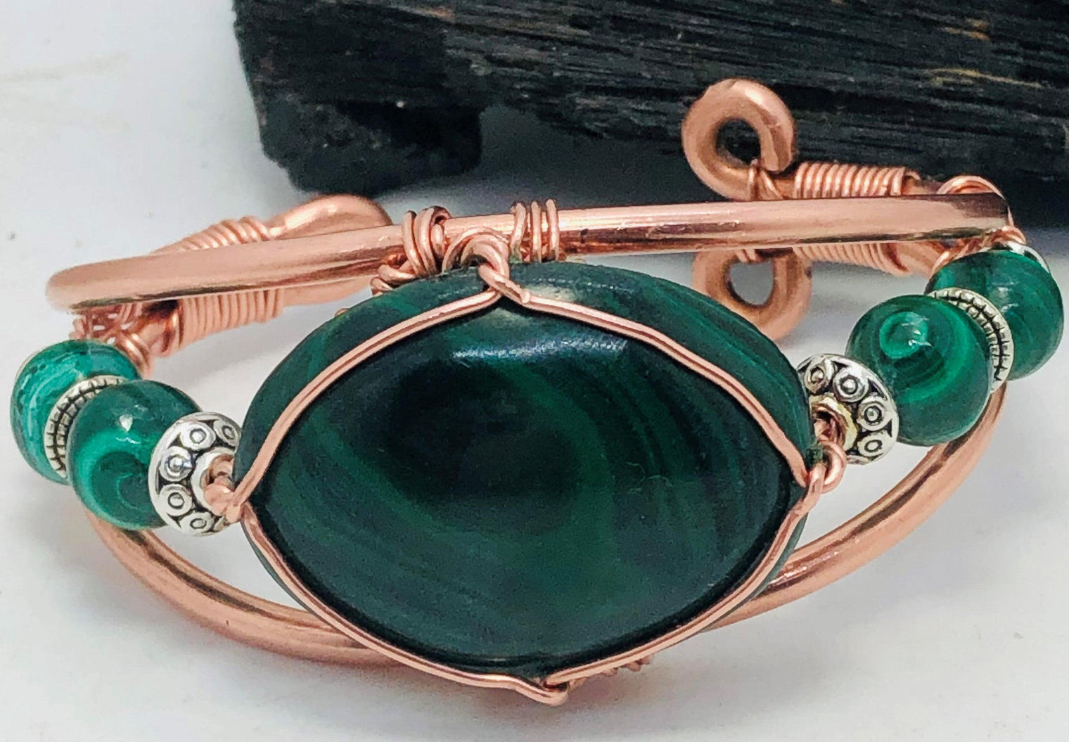Malachite Cabochon with Malachite Side Stones Copper Bracelet Wire wrapped Handmade - Infinite Treasures, LLC
