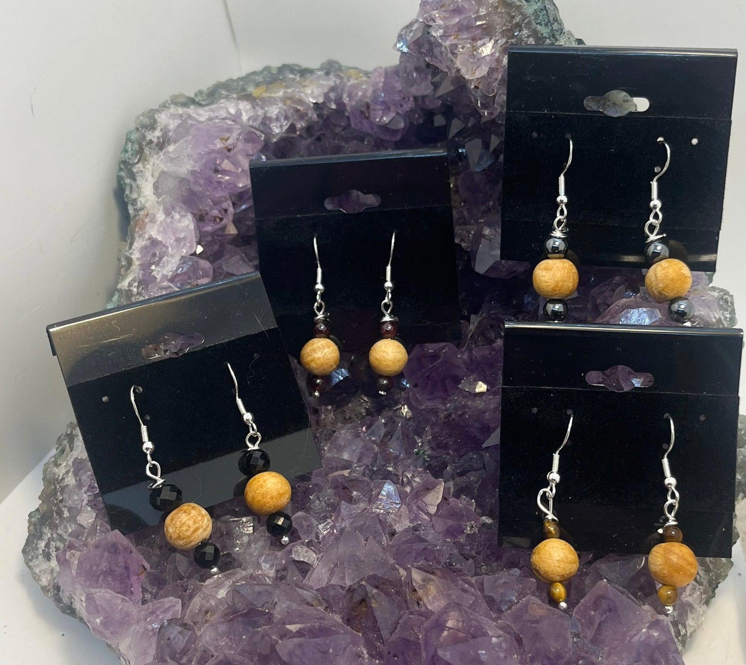 pala, santo, earrings, tigers, eye, garnet, black ,obsidian, protection, stones