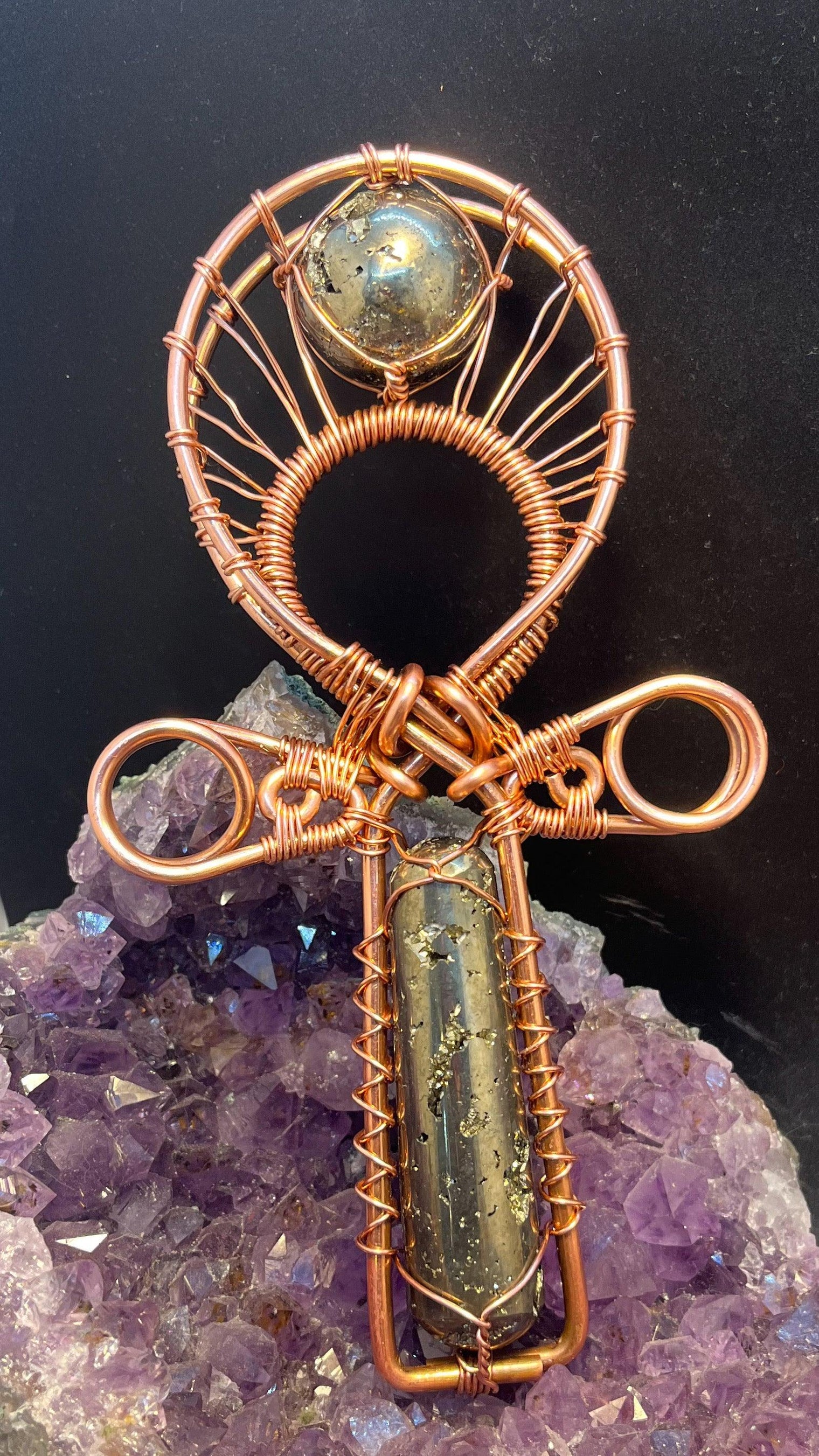 Pyrite Wand and Sphere Handheld Copper POCKET Ankh - Infinite Treasures, LLC