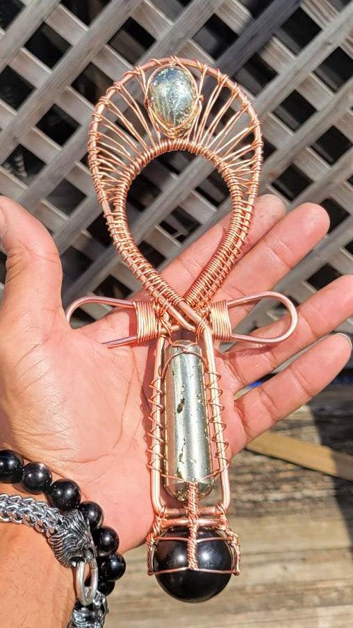 Pyrite with Shungite Sphere Handheld Ankh - Infinite Treasures, LLC