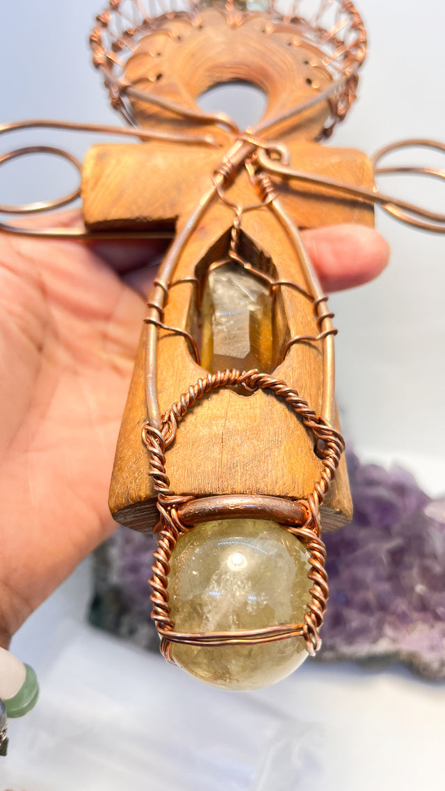 Pyrite, Namibian Smoky Citrine and Brazilian Citrine Sphere Hand Carved Wooden Handheld Ankh
