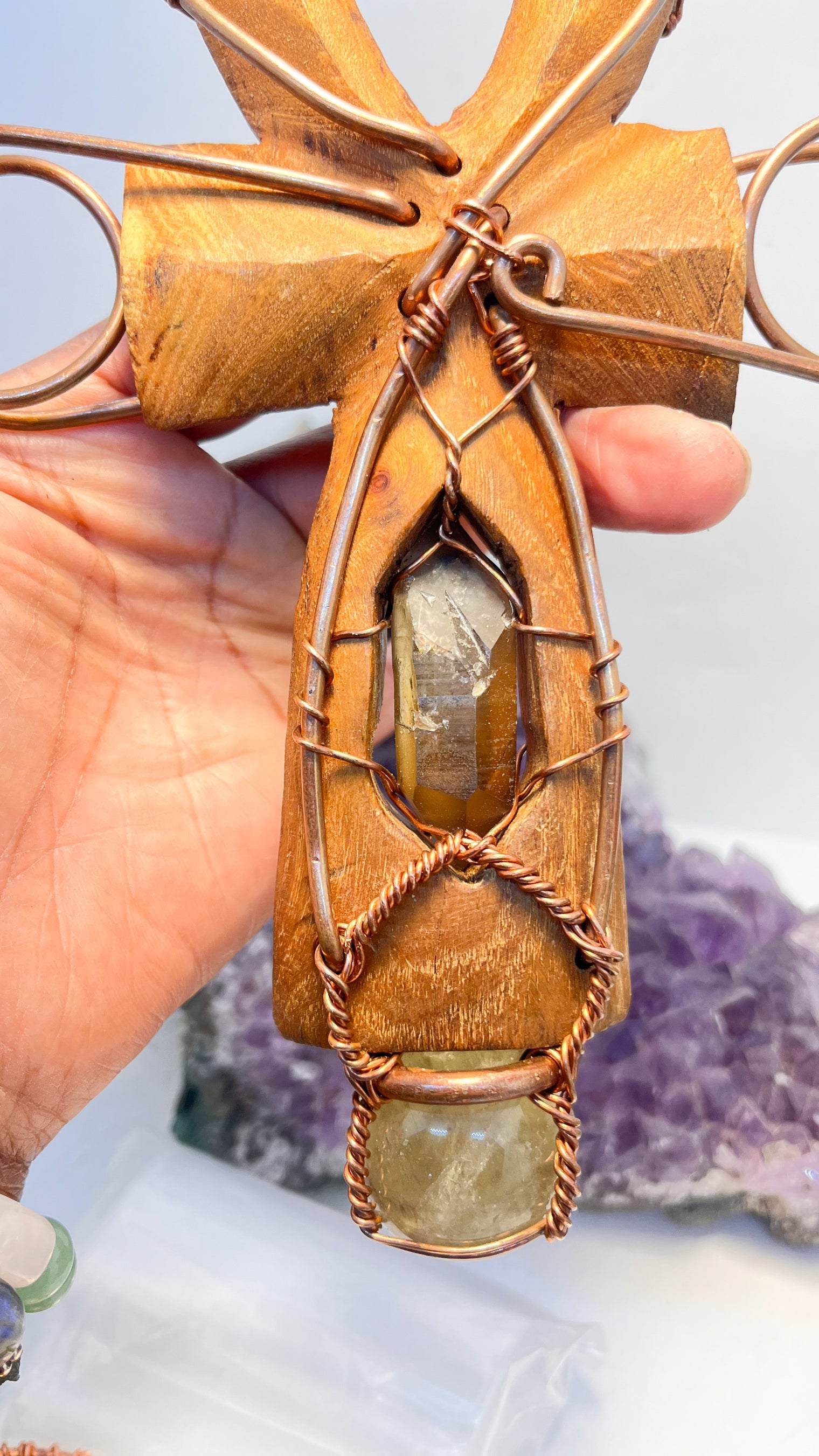 Pyrite, Namibian Smoky Citrine and Brazilian Citrine Sphere Hand Carved Wooden Handheld Ankh