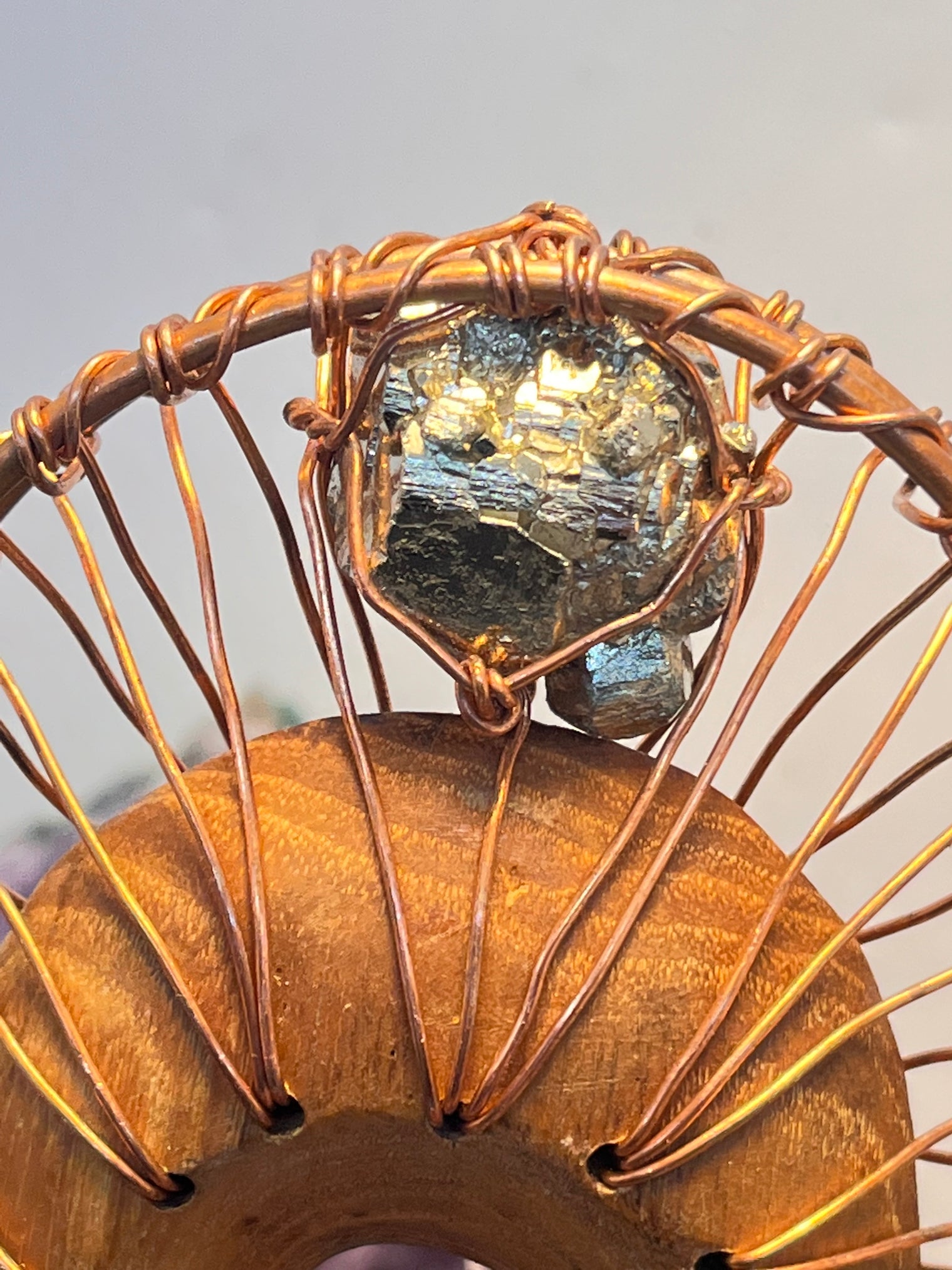 Pyrite, Namibian Smoky Citrine and Brazilian Citrine Sphere Hand Carved Wooden Handheld Ankh