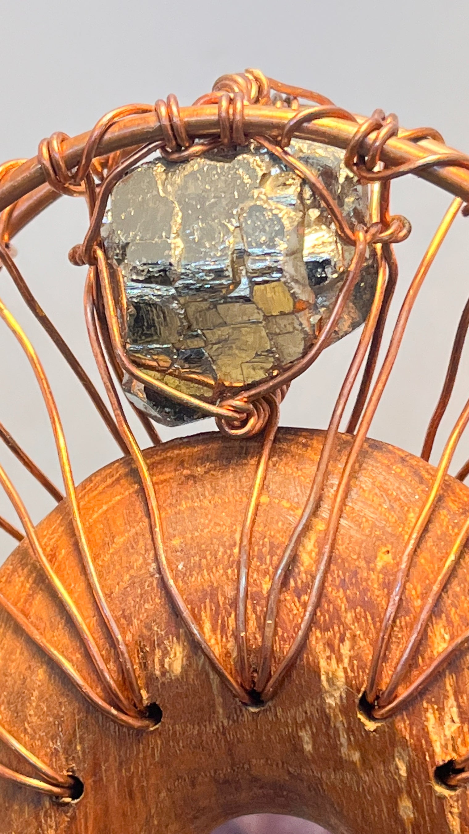 Pyrite, Namibian Smoky Citrine and Brazilian Citrine Sphere Hand Carved Wooden Handheld Ankh