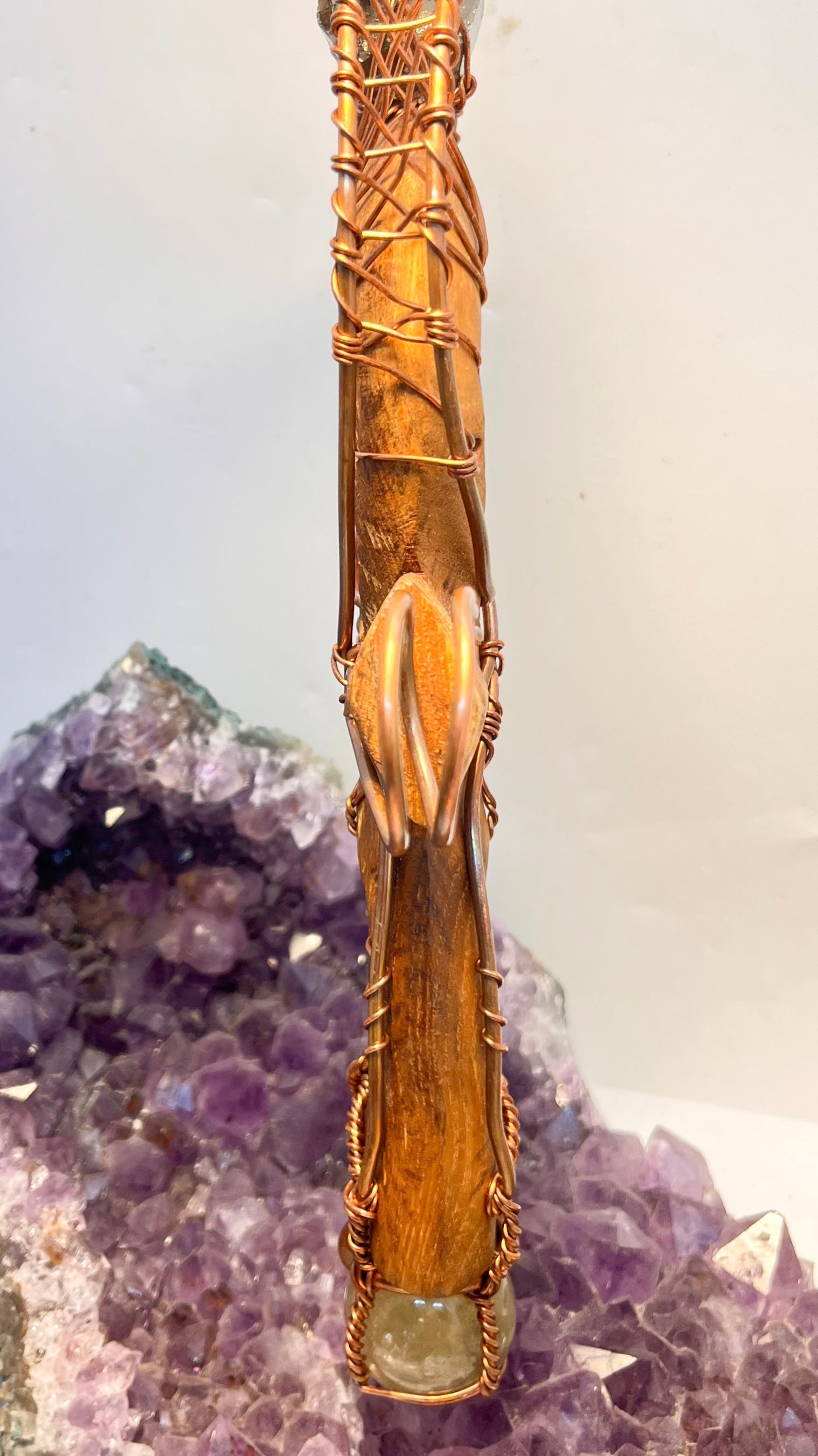 Pyrite, Namibian Smoky Citrine and Brazilian Citrine Sphere Hand Carved Wooden Handheld Ankh