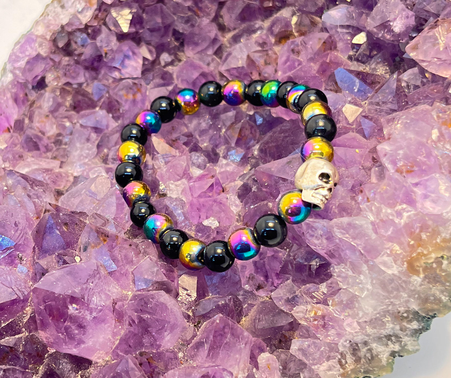 Rainbow Hematite Stretchy Bracelet w/Skull