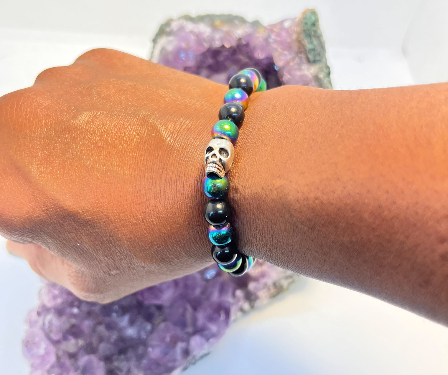 Rainbow Hematite Stretchy Bracelet w/Skull