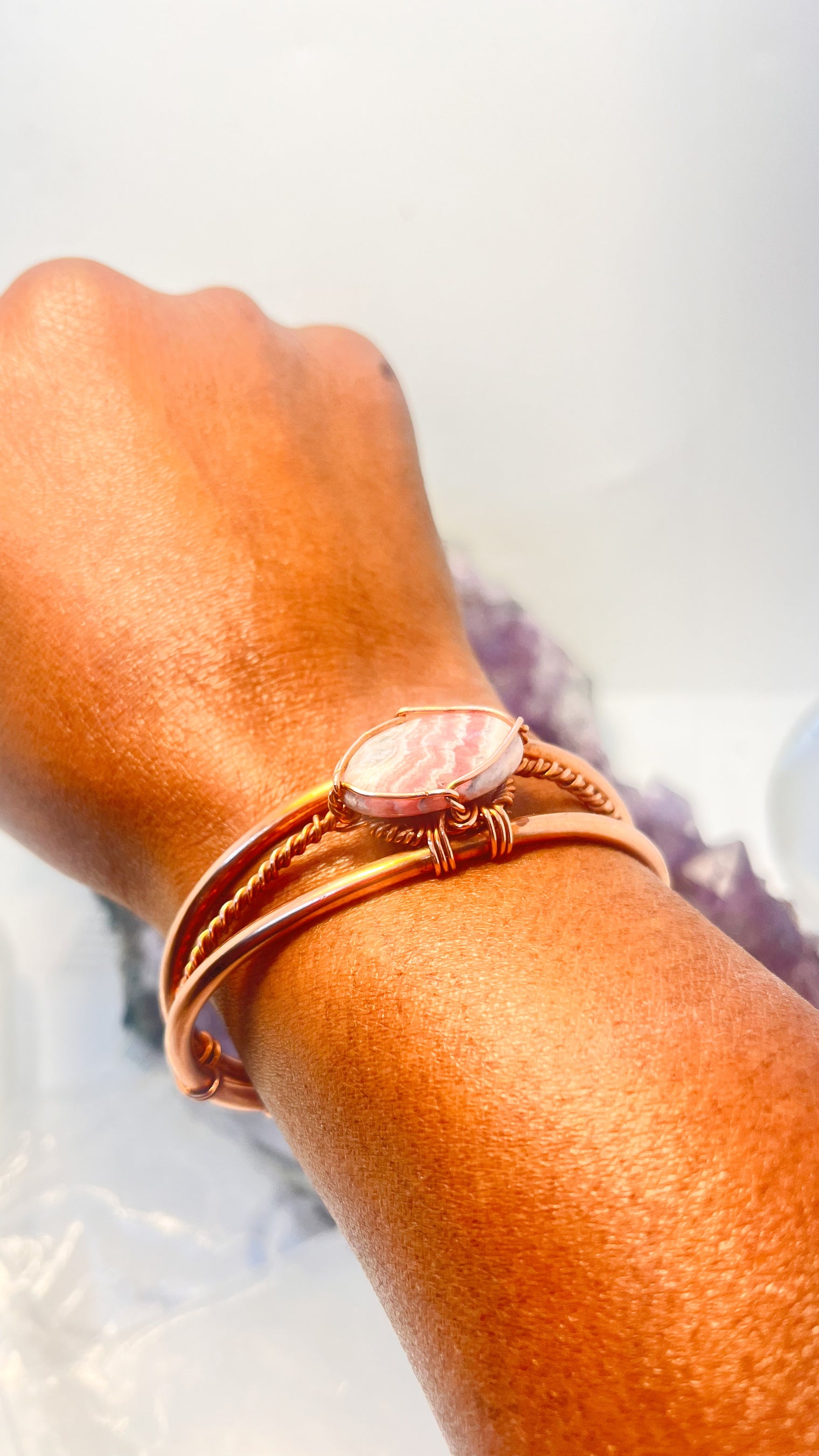 Rhodochrosite Wirewrapped Copper Bracelet