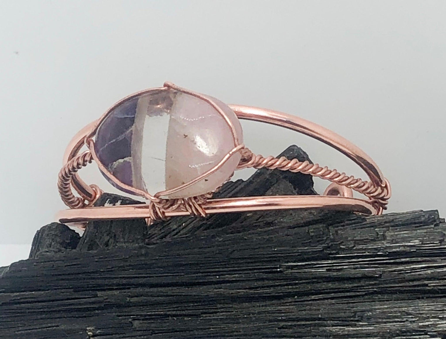 Rose Quartz, Clear Quartz and Amethyst Copper Wirewrapped Bangle Bracelet - Infinite Treasures, LLC
