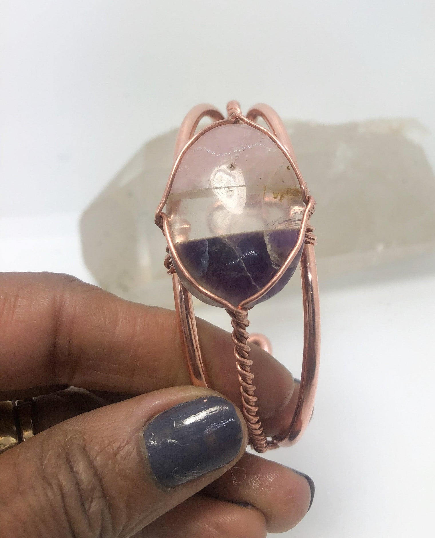 Rose Quartz, Clear Quartz and Amethyst Copper Wirewrapped Bangle Bracelet - Infinite Treasures, LLC