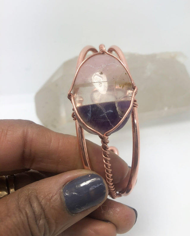 Rose Quartz, Clear Quartz and Amethyst Copper Wirewrapped Bangle Bracelet - Infinite Treasures, LLC