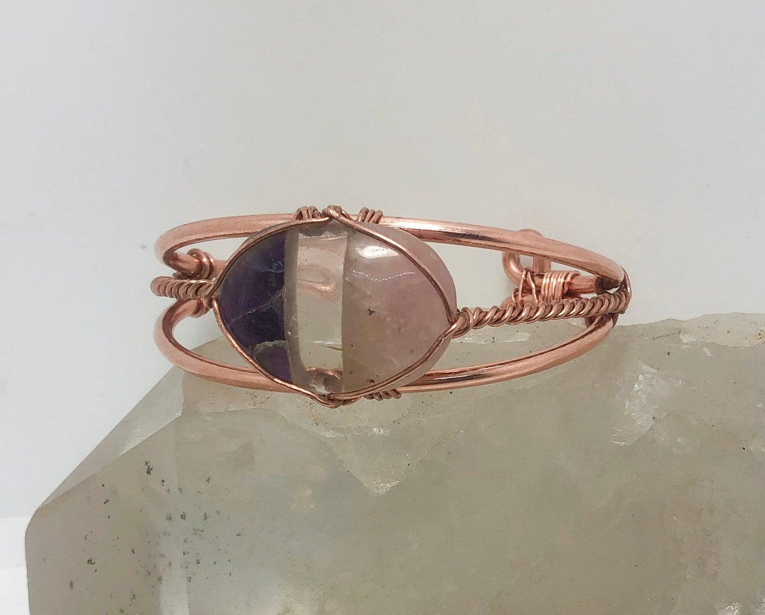 Rose Quartz, Clear Quartz and Amethyst Copper Wirewrapped Bangle Bracelet - Infinite Treasures, LLC