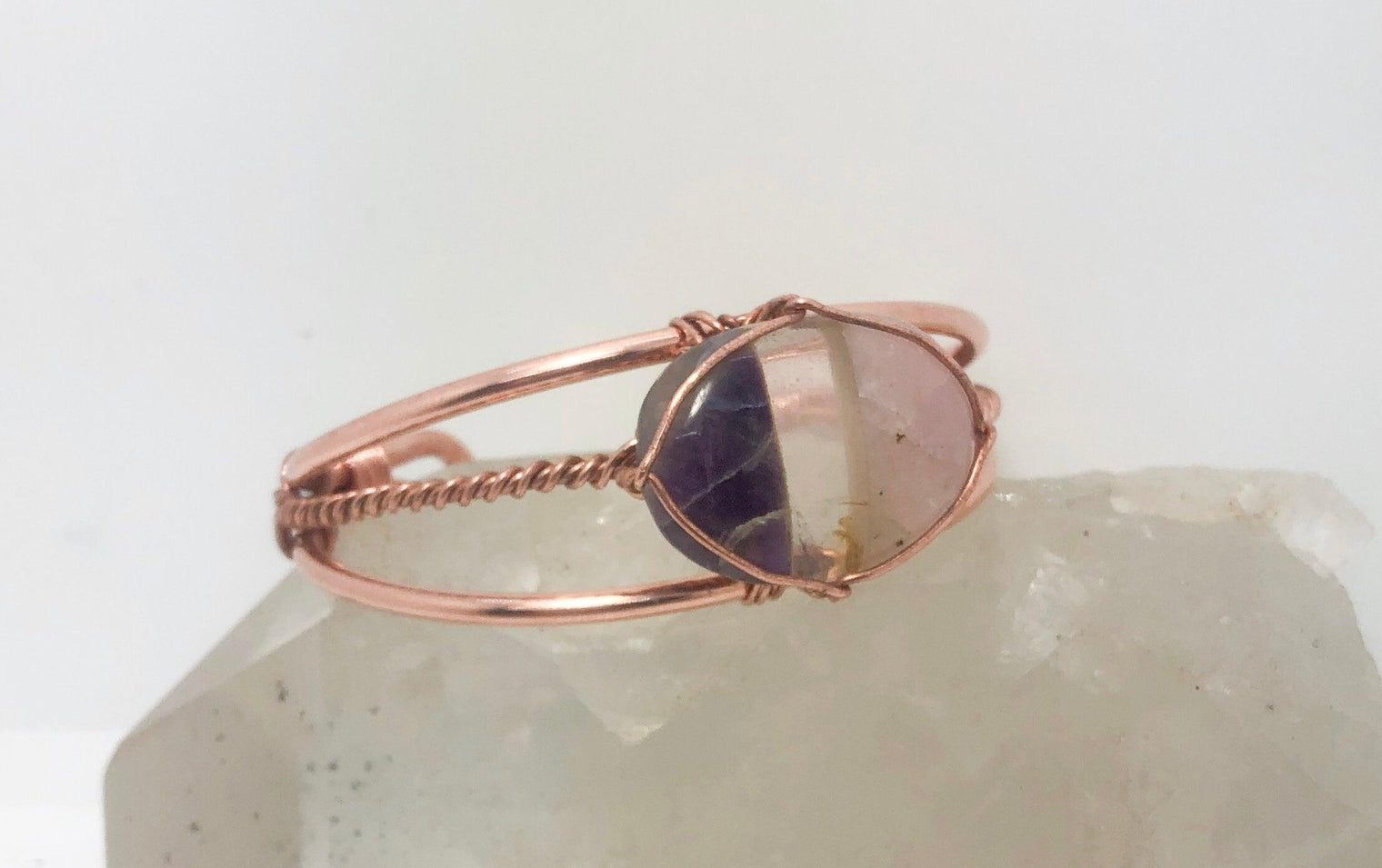 Rose Quartz, Clear Quartz and Amethyst Copper Wirewrapped Bangle Bracelet - Infinite Treasures, LLC