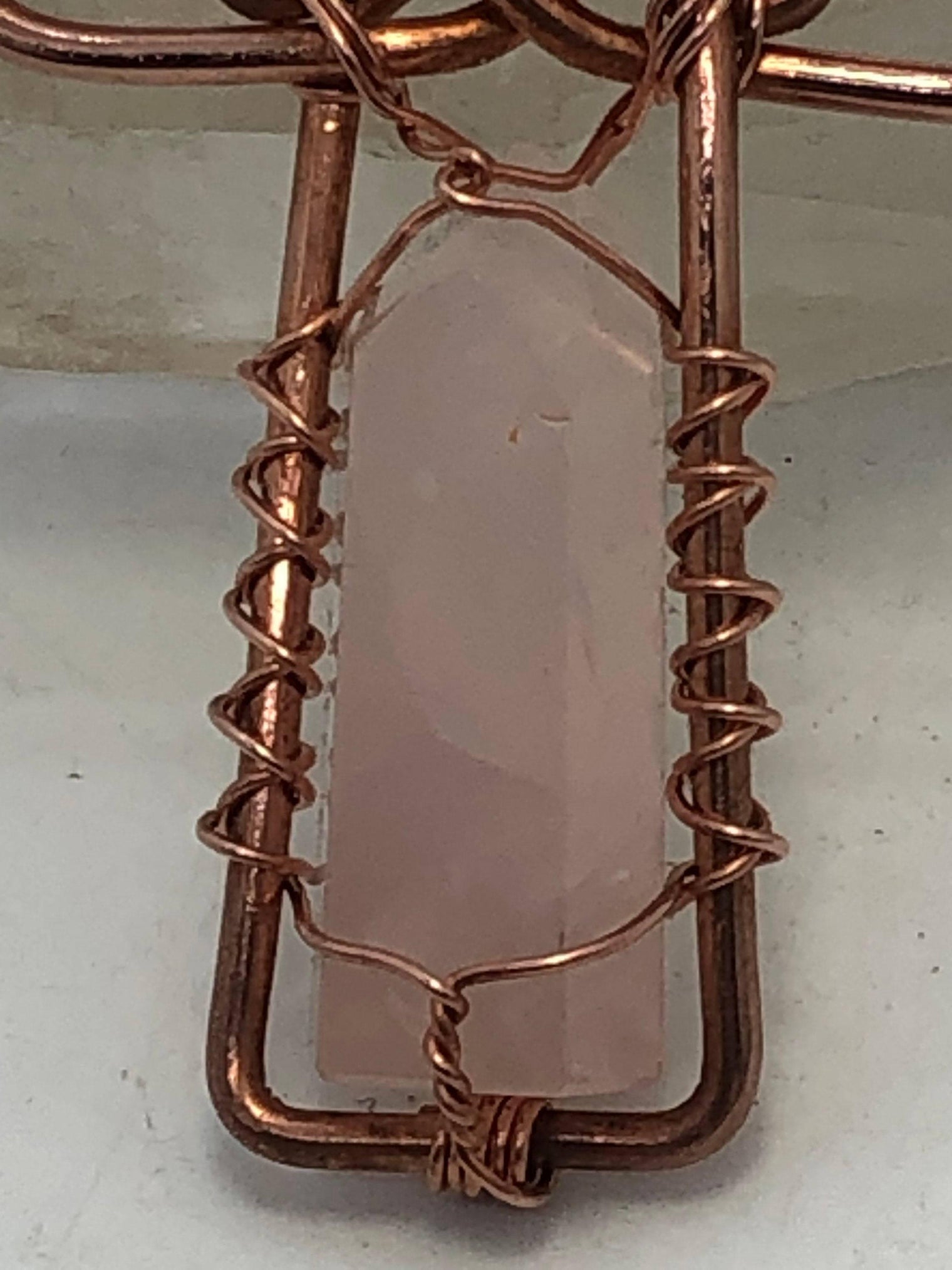 Rose Quartz Copper Egyptian Kemetic Coptic Cross Ankh Wirewrapped Wearable Pendant Necklace - Infinite Treasures, LLC