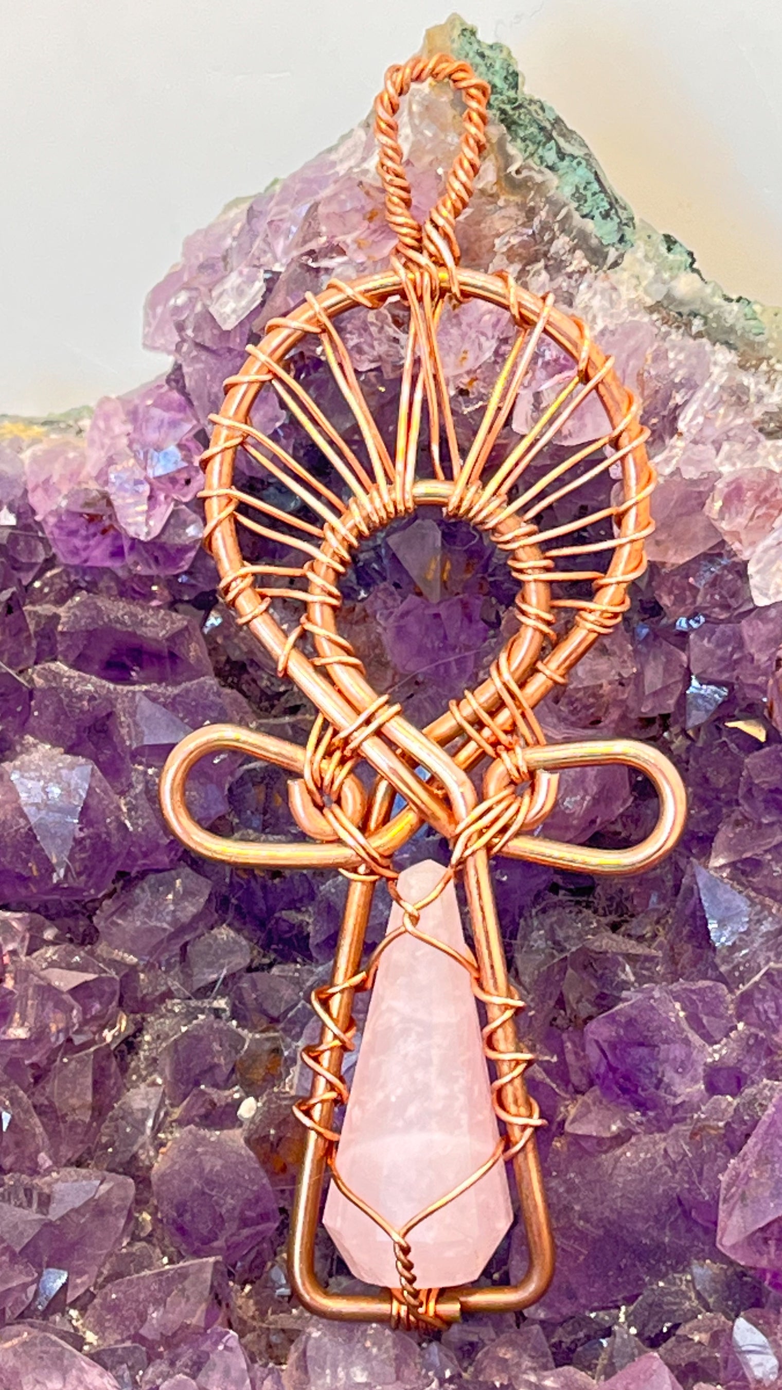 Rose Quartz or Clear Quartz Wirewrapped Copper Ankh Pendant