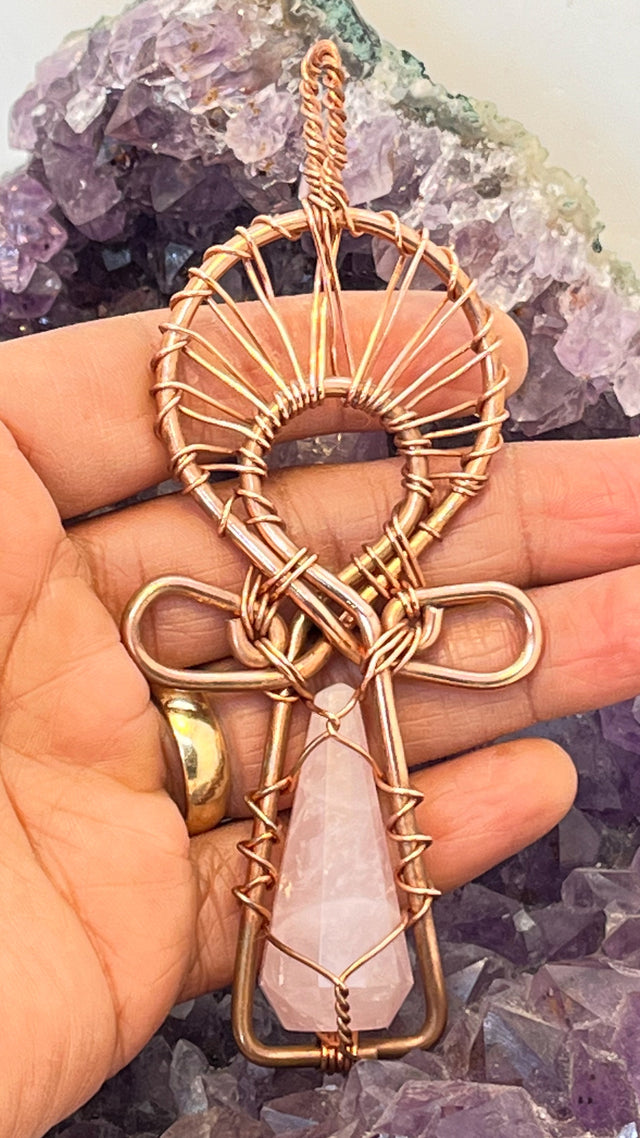 Rose Quartz or Clear Quartz Wirewrapped Copper Ankh Pendant