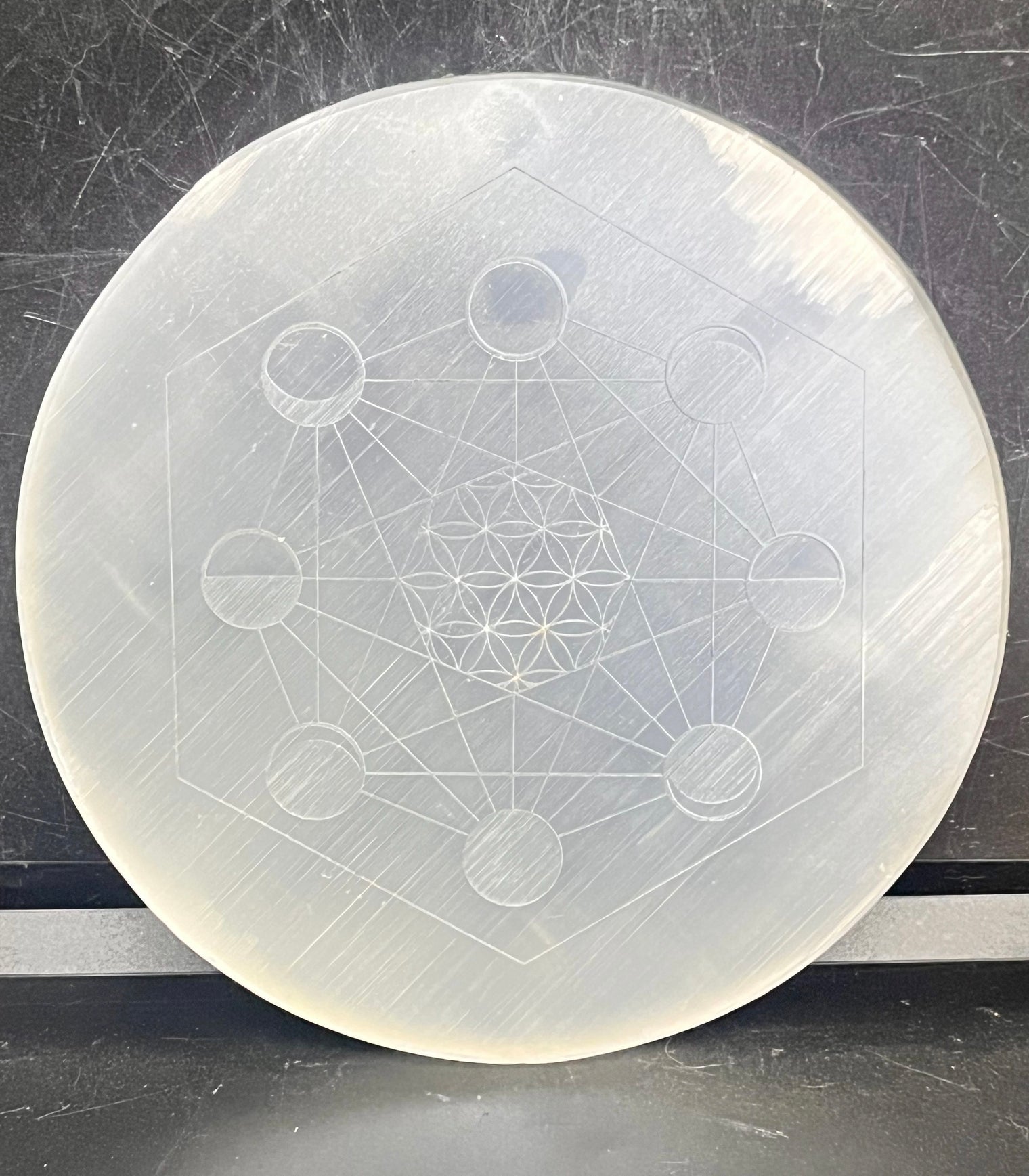 RARE Selenite 5.5 inch Charging Plate Flower of Life Lunar Cycle