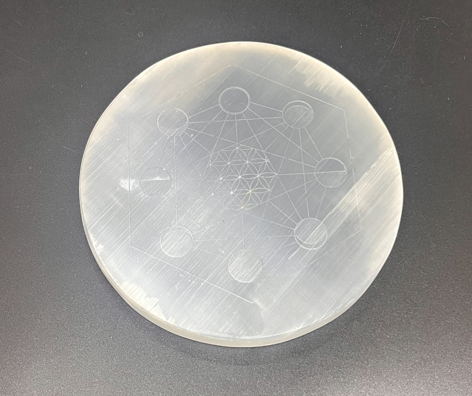 RARE Selenite 5.5 inch Charging Plate Flower of Life Lunar Cycle