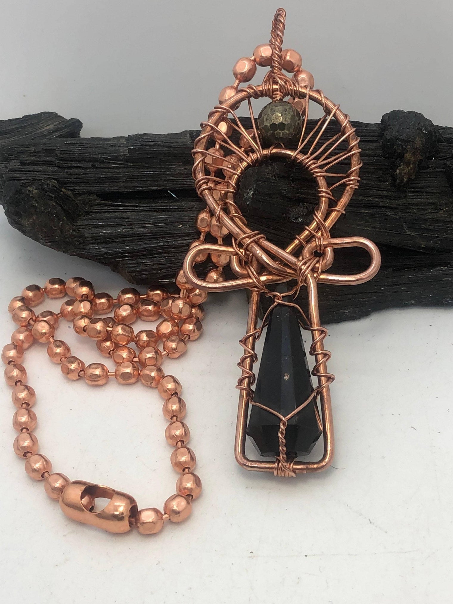 Melanin Trinity of Affinity Pyrite faceted,Shungite Vogel, Copper Egyptian Kemetic Coptic Cross Ankh Wirewrapped Wearable Pendant Necklace - Infinite Treasures, LLC