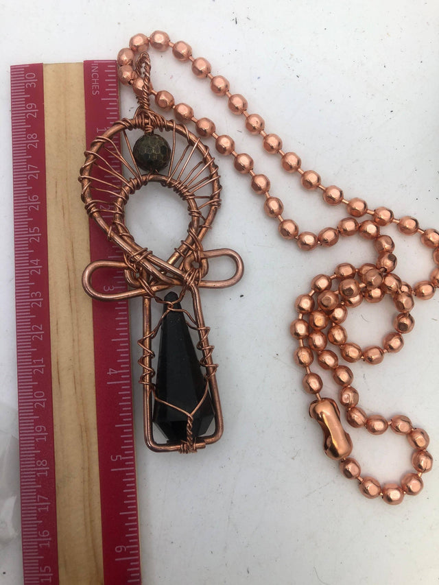 Melanin Trinity of Affinity Pyrite faceted,Shungite Vogel, Copper Egyptian Kemetic Coptic Cross Ankh Wirewrapped Wearable Pendant Necklace - Infinite Treasures, LLC