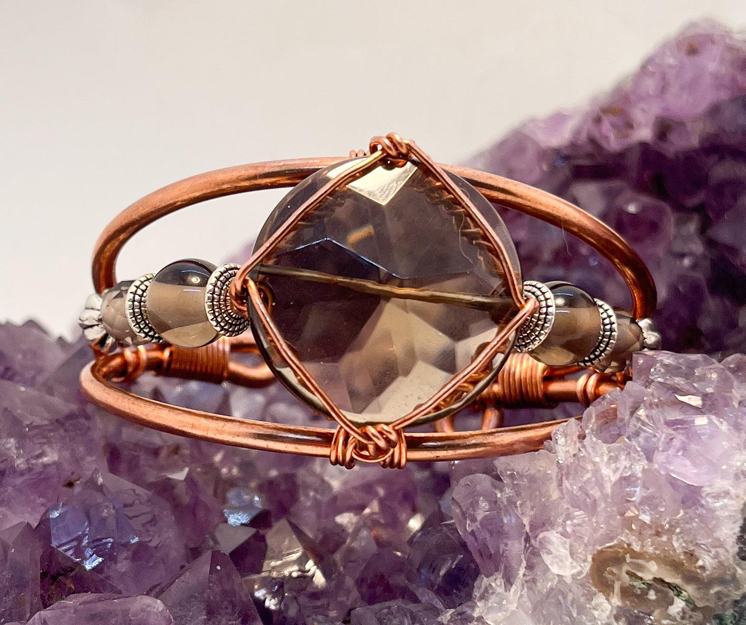 Smoky Quartz with Smoky Quartz Side Stones Crystal Copper Bracelet Wire wrapped Handmade - Infinite Treasures, LLC
