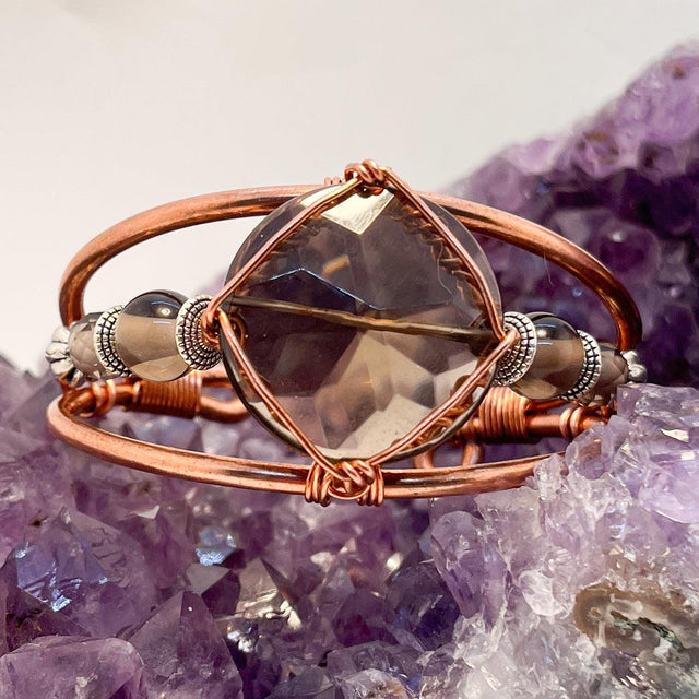 Smoky Quartz with Smoky Quartz Side Stones Crystal Copper Bracelet Wire wrapped Handmade - Infinite Treasures, LLC