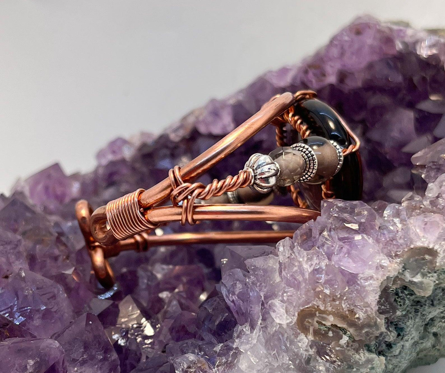 Smoky Quartz with Smoky Quartz Side Stones Crystal Copper Bracelet Wire wrapped Handmade - Infinite Treasures, LLC