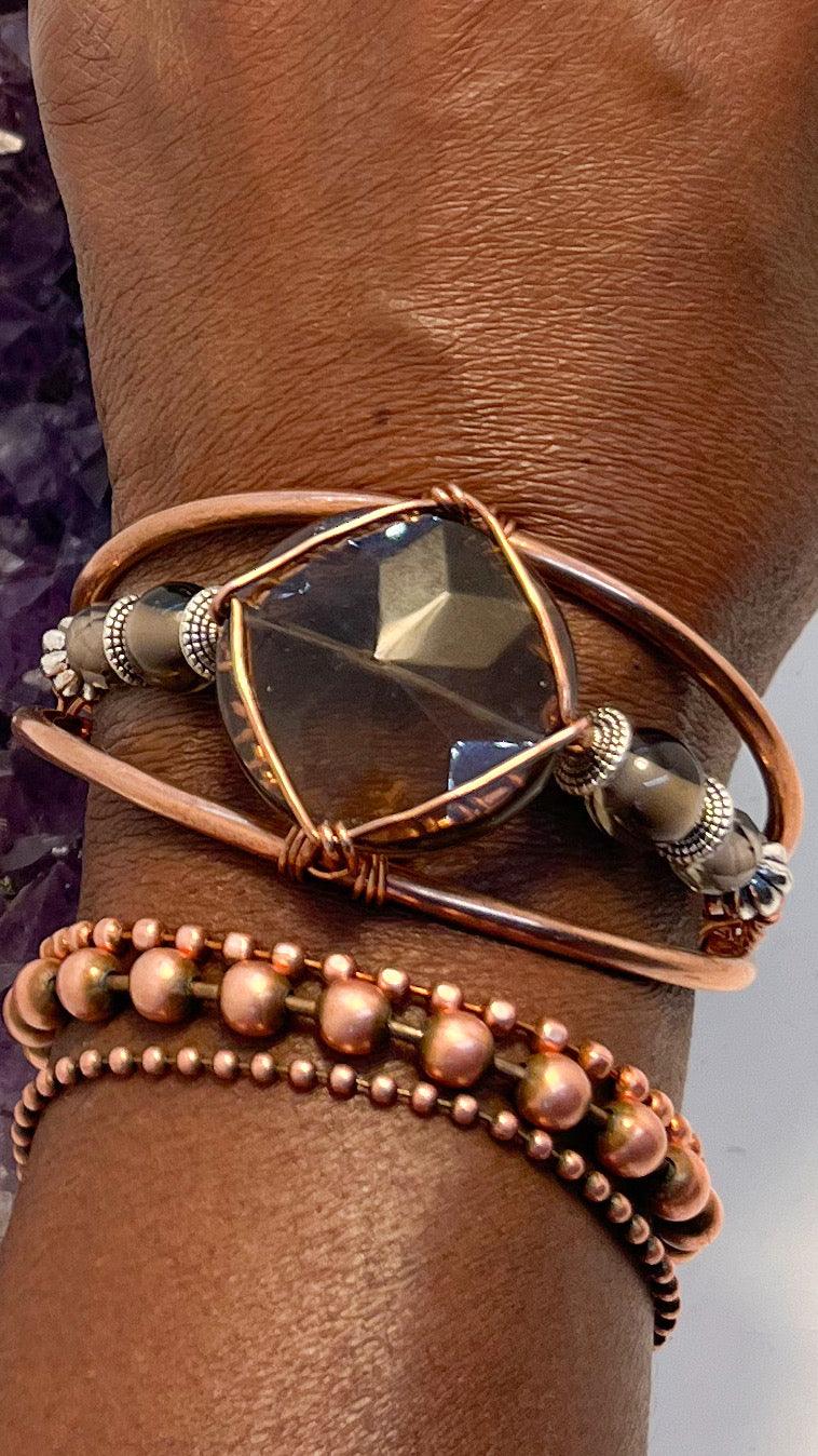 Smoky Quartz with Smoky Quartz Side Stones Crystal Copper Bracelet Wire wrapped Handmade - Infinite Treasures, LLC