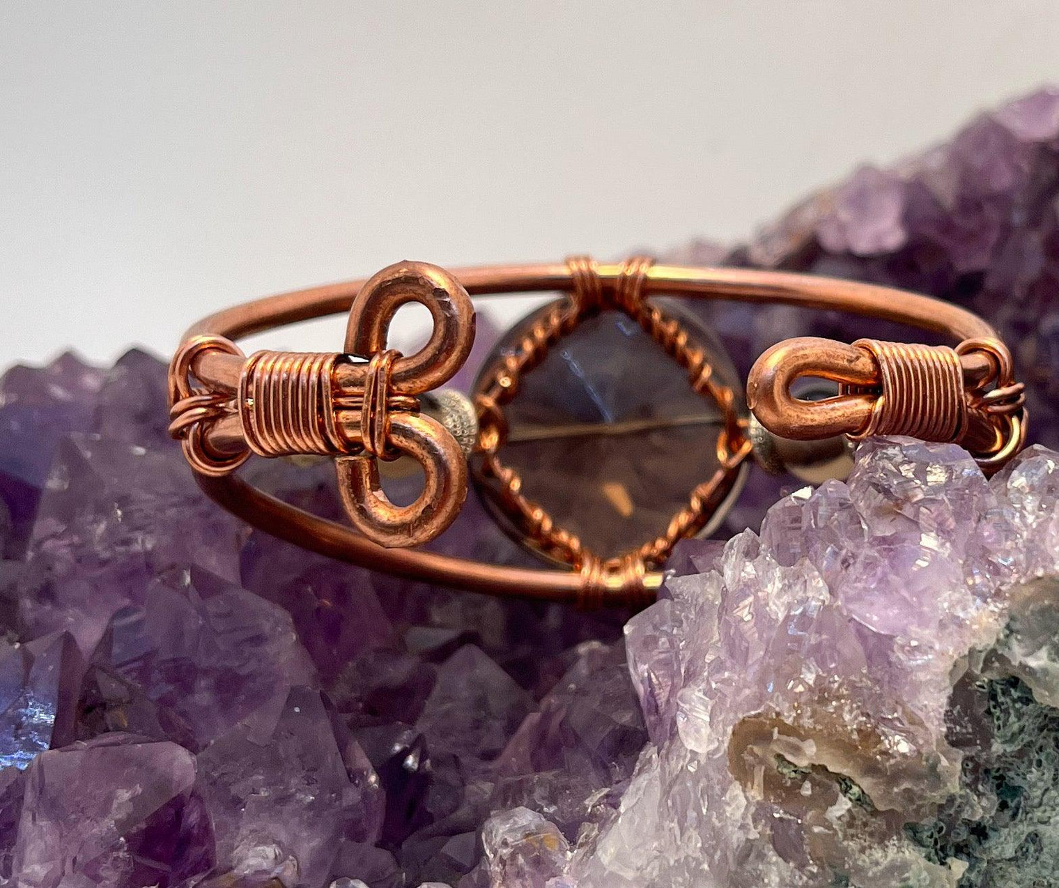 Smoky Quartz with Smoky Quartz Side Stones Crystal Copper Bracelet Wire wrapped Handmade - Infinite Treasures, LLC