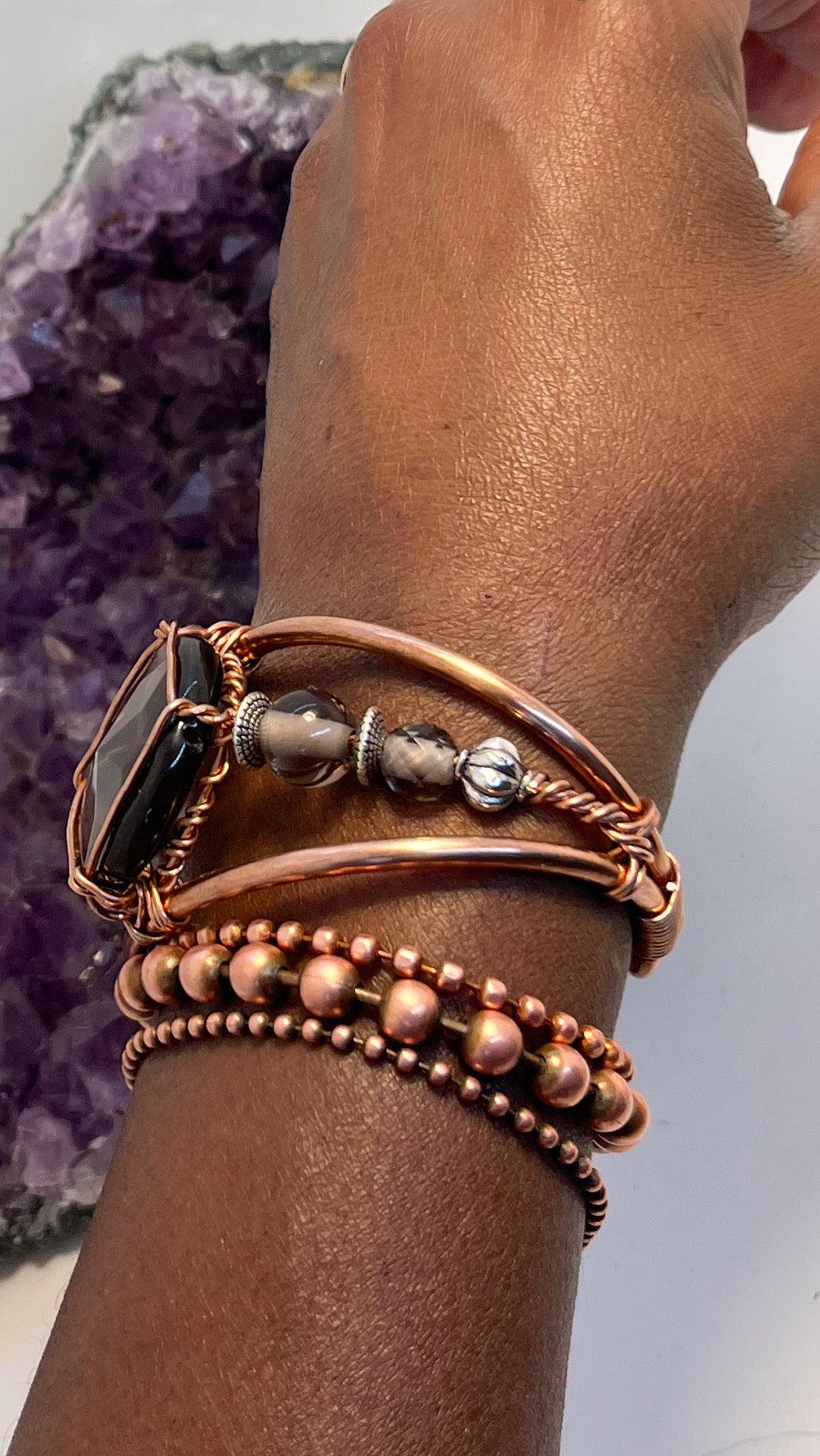 Smoky Quartz with Smoky Quartz Side Stones Crystal Copper Bracelet Wire wrapped Handmade - Infinite Treasures, LLC