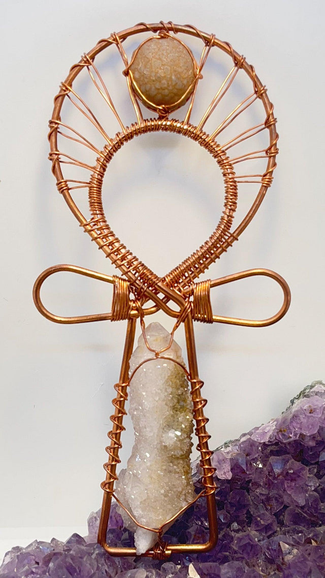 south african amethyst spirit quartz and botryoidal chalchedony Crystal healing copper wirewrapped Ankh