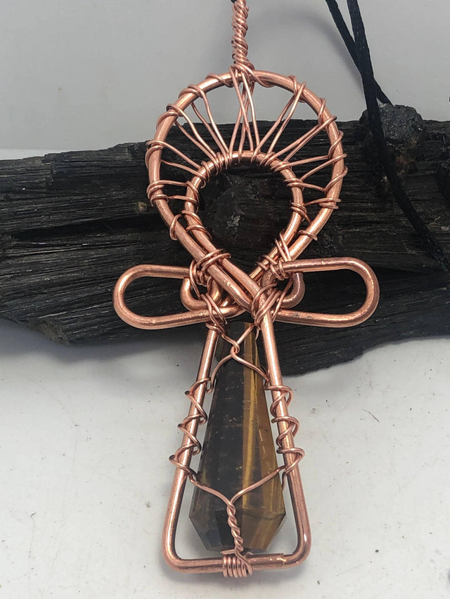 Tigers Eye Vogel Shaped Copper Egyptian Kemetic Coptic Cross Ankh Wirewrapped Wearable Necklace Pendant - Infinite Treasures, LLC