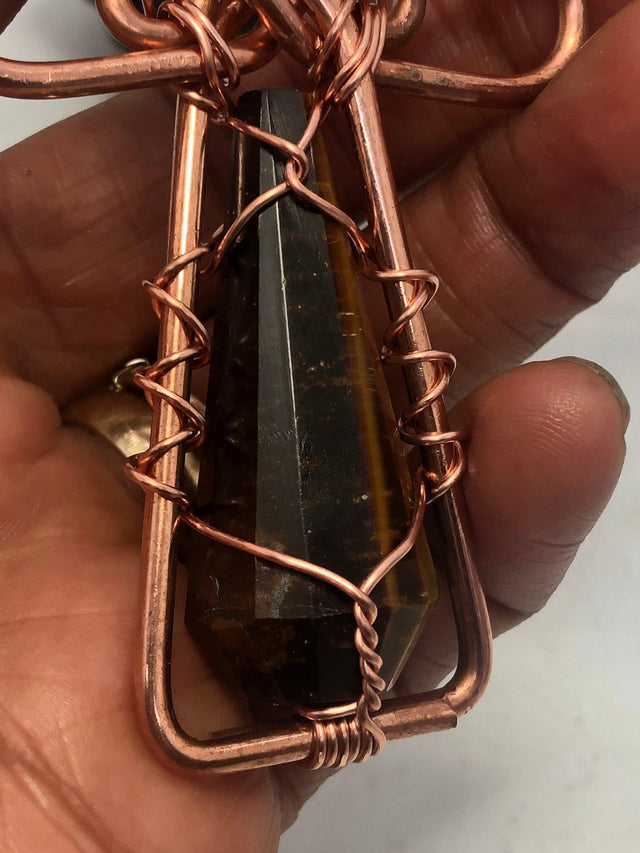 Tigers Eye Vogel Shaped Copper Egyptian Kemetic Coptic Cross Ankh Wirewrapped Wearable Necklace Pendant - Infinite Treasures, LLC