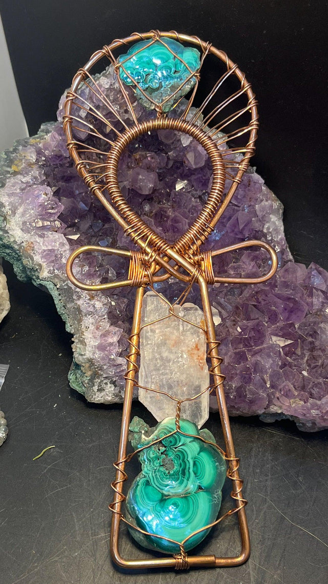 Unique Malachite with Fadden Quartz Copper Handheld Ankh - Infinite Treasures, LLC