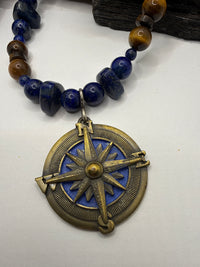 Lapis Lazuli and Tiger Eye Necklace with Compass Pendant 20 Inches