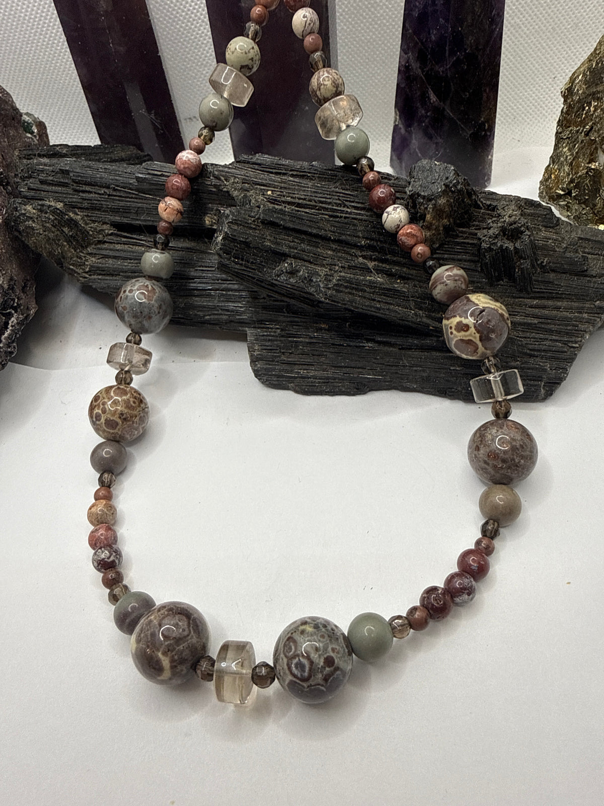 Red Jasper and Orbicular Jasper Beaded Necklace with Smoky Quartz 22 inches