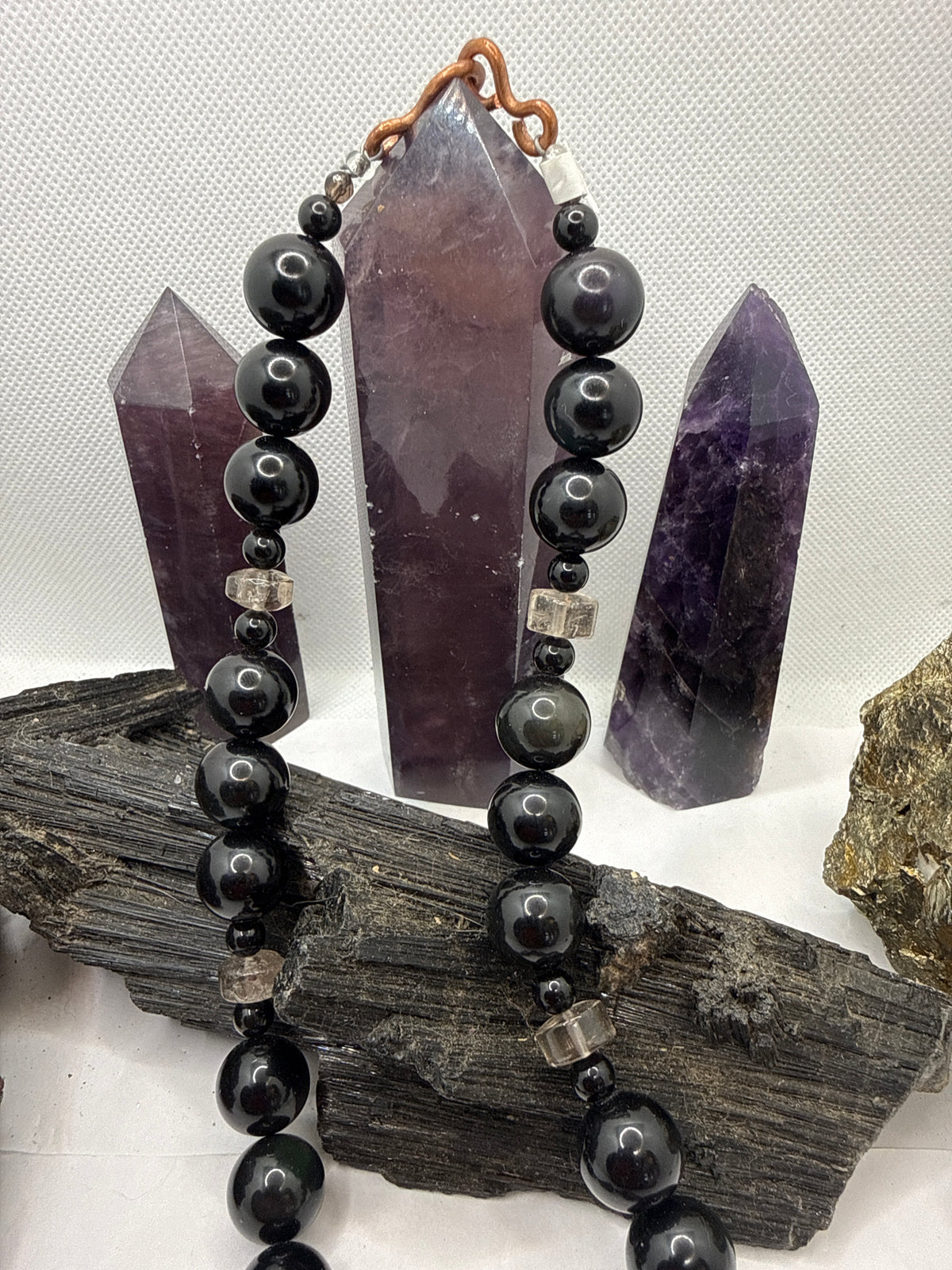 Black Obsidian and Smoky Quartz Beaded Necklace with Black Obsidian Arrowhead Pendant ~18 inches