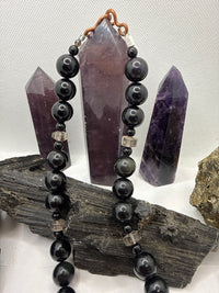 Black Obsidian and Smoky Quartz Beaded Necklace with Black Obsidian Arrowhead Pendant ~18 inches