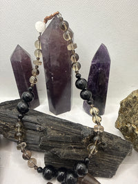 Black Obsidian and Smoky Quartz Beaded Necklace with Black Obsidian Eye of Horus Pendant ~24 inches