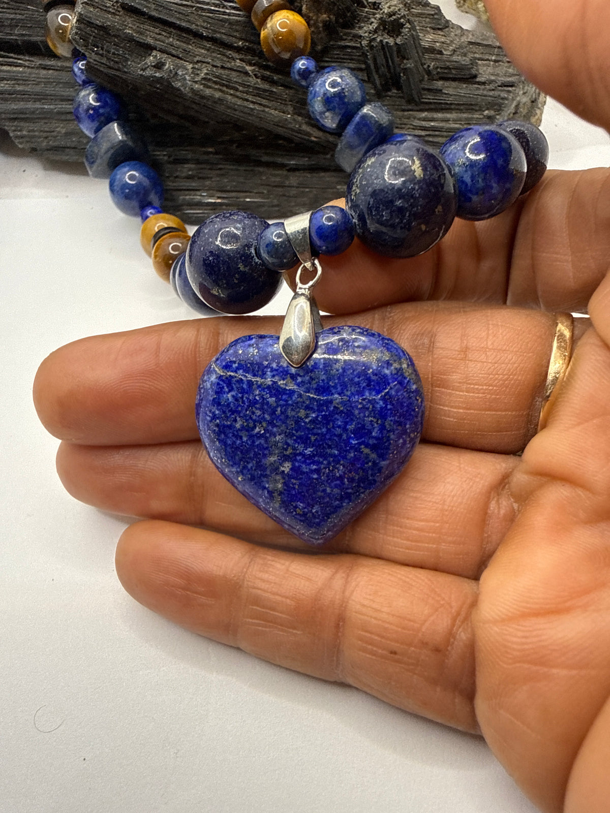 Lapis Lazuli and Tiger Eye Necklace with Lapis Heart Pendant 20 Inches
