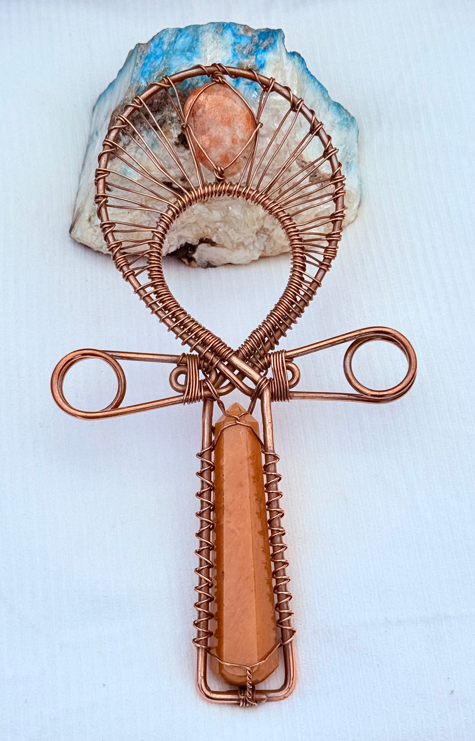Yellow Calcite and Sunstone Copper Handheld Ankh