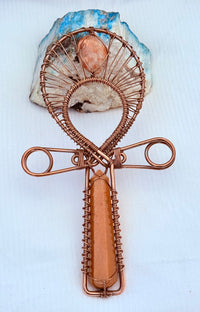 Yellow Calcite and Sunstone Copper Handheld Ankh