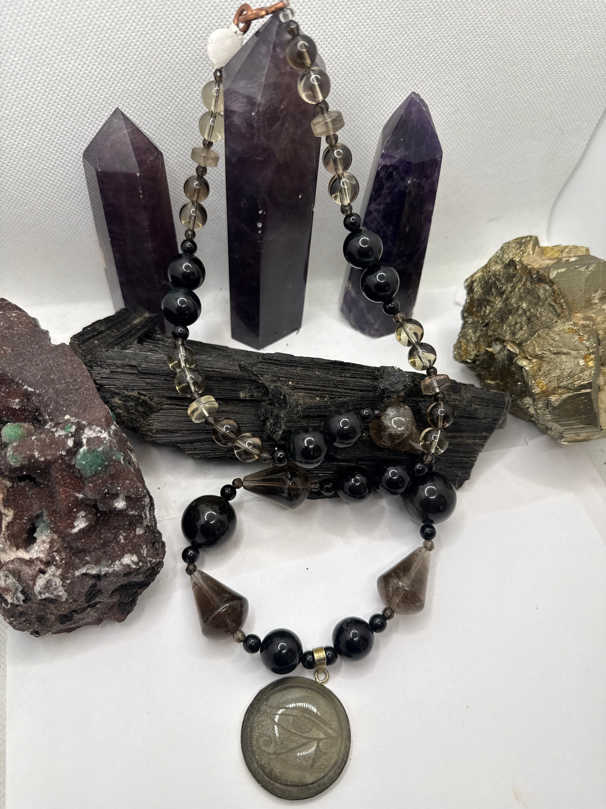 Black Obsidian and Smoky Quartz Beaded Necklace with Black Obsidian Eye of Horus Pendant ~24 inches