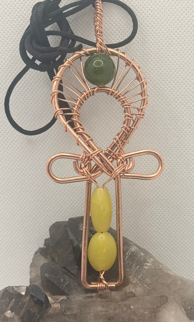 “New” Jade Copper Ankh Wirewrapped Wearable Pendant