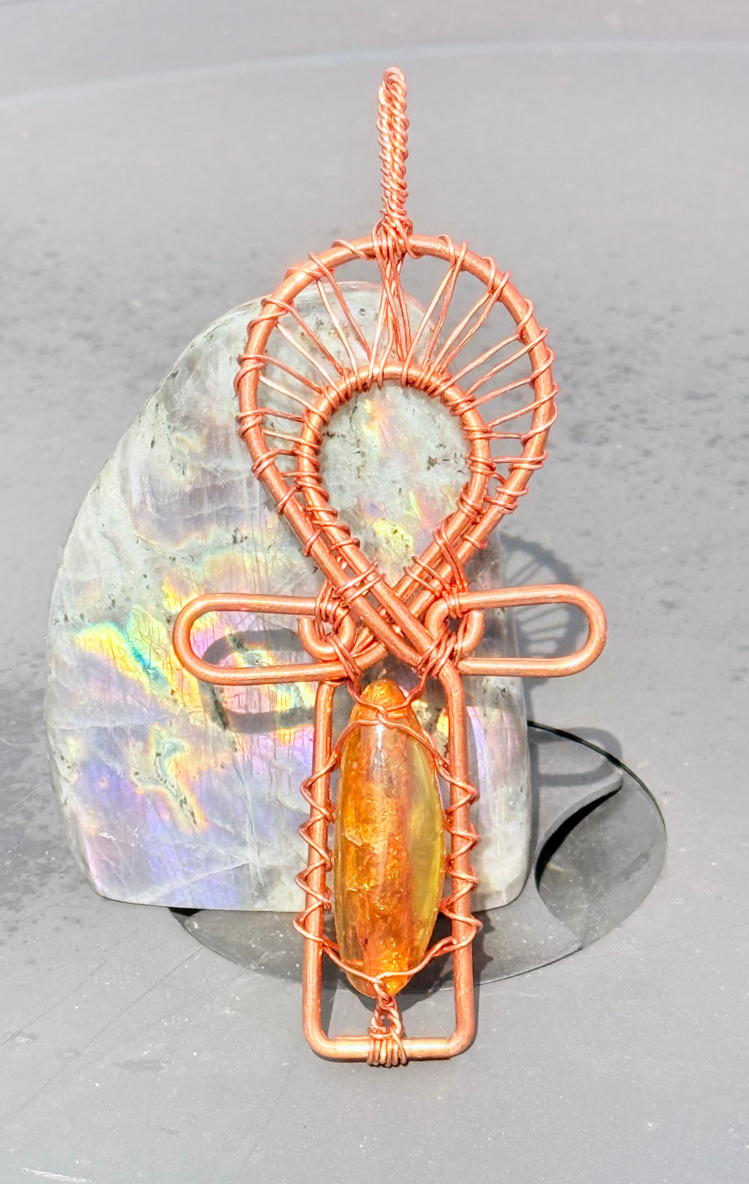 Mexican Amber from Chiapas, Mexico, Insect Inclusion, Copper Ankh Wirewrapped Wearable Pendant