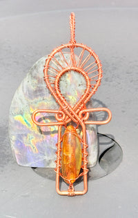 Mexican Amber from Chiapas, Mexico, Insect Inclusion, Copper Ankh Wirewrapped Wearable Pendant