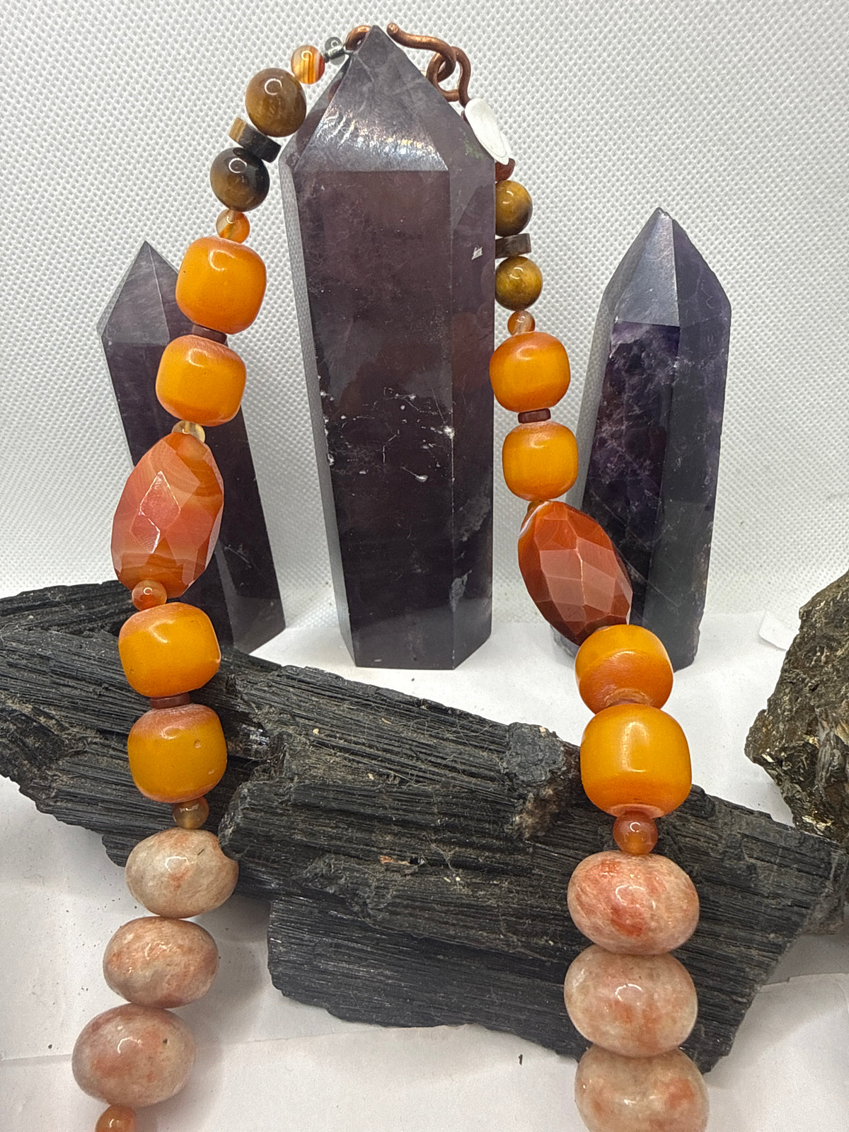 Carnelian, African Amber, Tiger Eye and Sunstone with Mexican Amber Pendant~24 Inches
