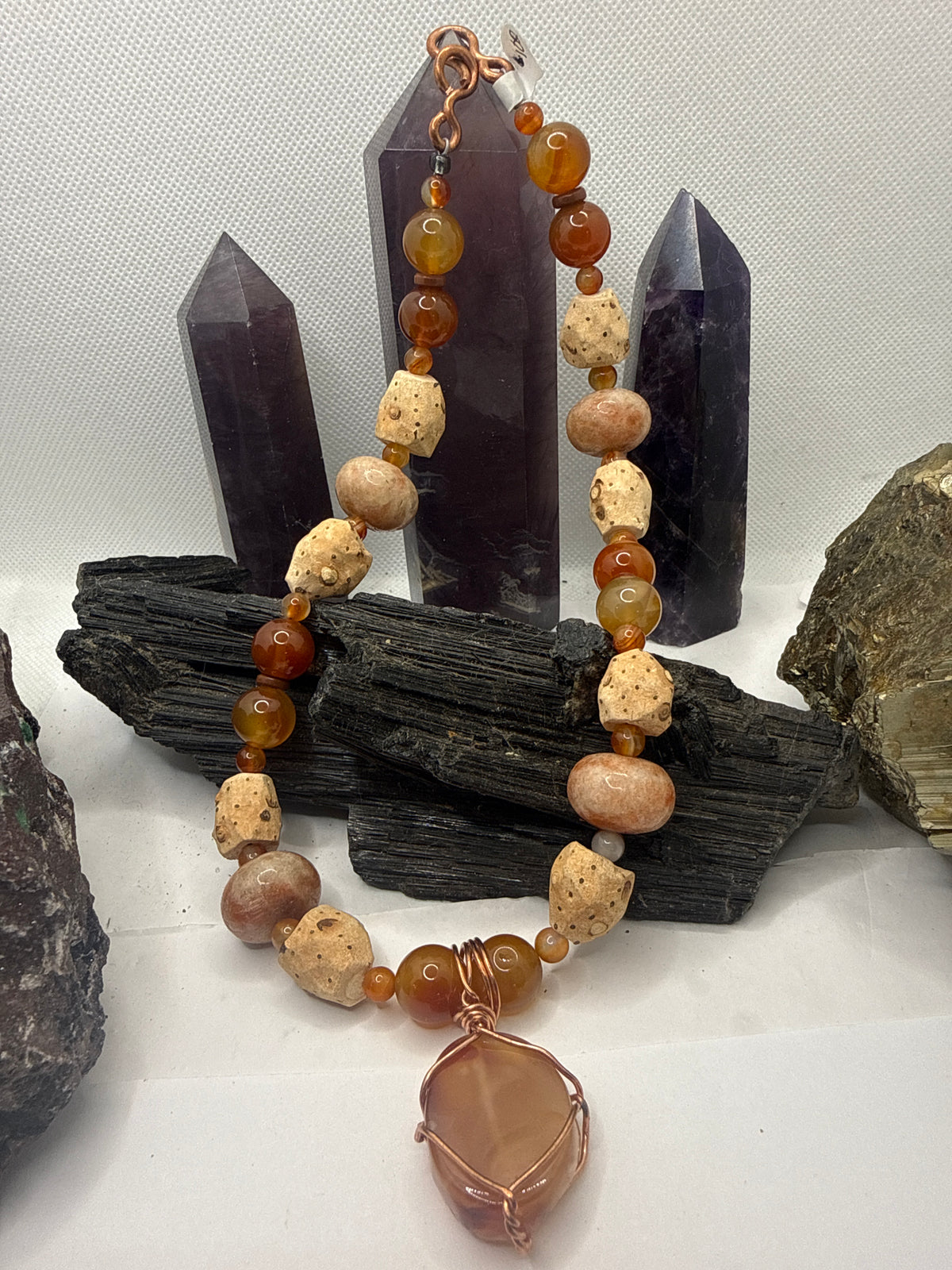 Carnelian, African Grassroot Beads, Sunstone with Carnelian Pendant~ 18 Inches