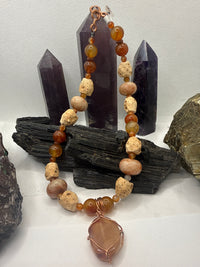 Carnelian, African Grassroot Beads, Sunstone with Carnelian Pendant~ 18 Inches